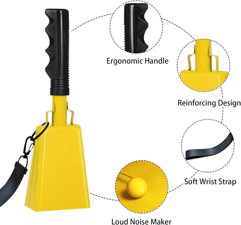 HEYLEAYAR 10Inch Cowbells with Handle for Sporting Events, 2Pcs Large Cow Bells with Wrist Straps, Loud Noise Makers for Cheering Football Games Spirit Marathon Weddings Party Noisemakers, Yellow - Image 3
